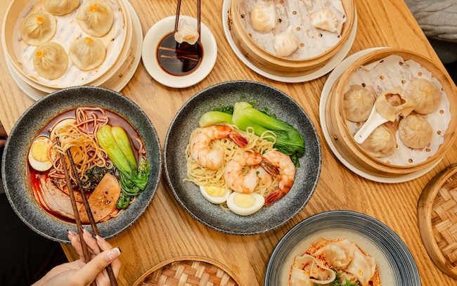 birdseye view of table full of the restaurants food