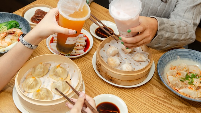 birdseye view of table covered in food